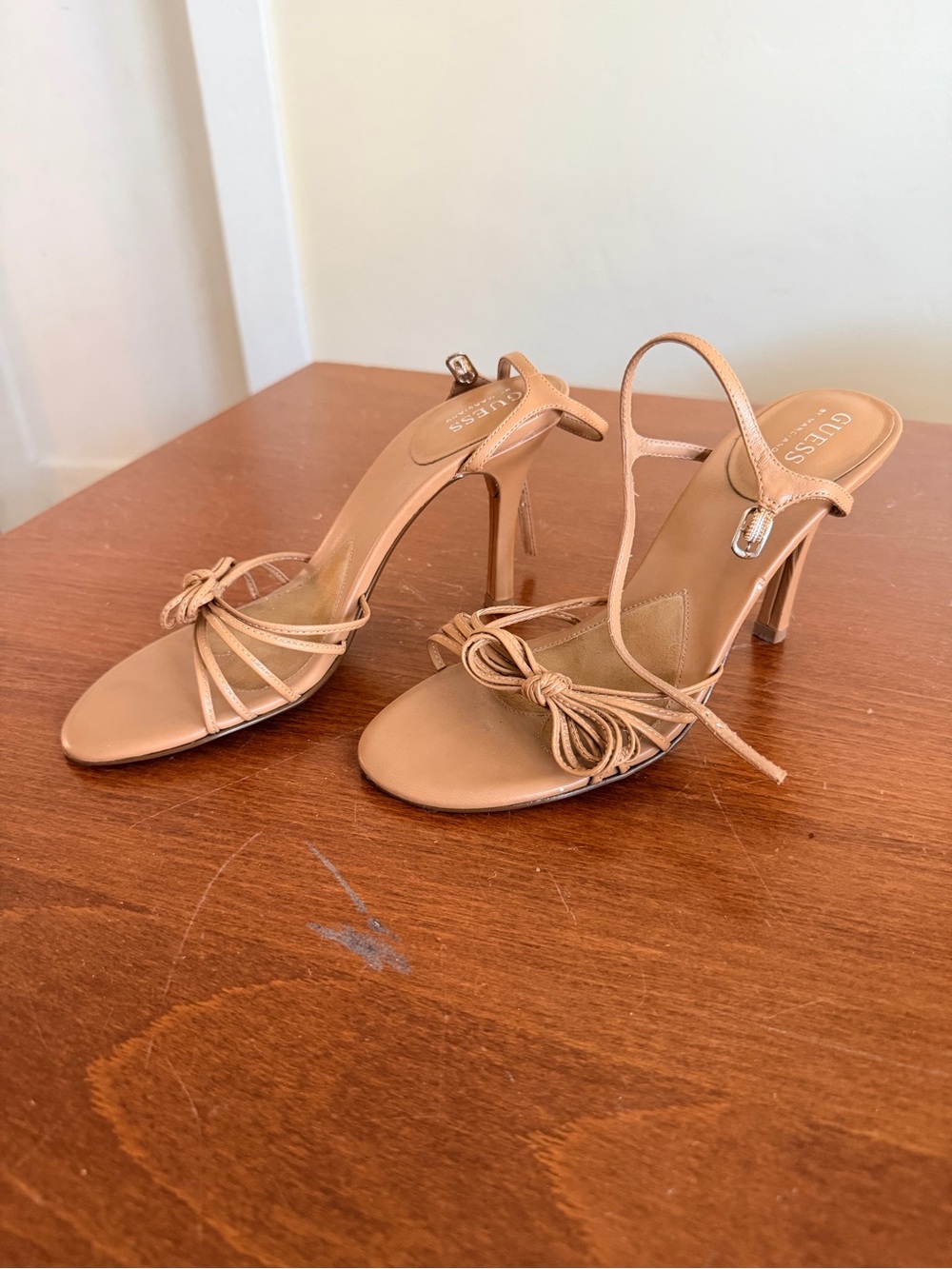 GUESS by Marciano Nude Patent Bow Strappy Stiletto Sandals — Size 7M